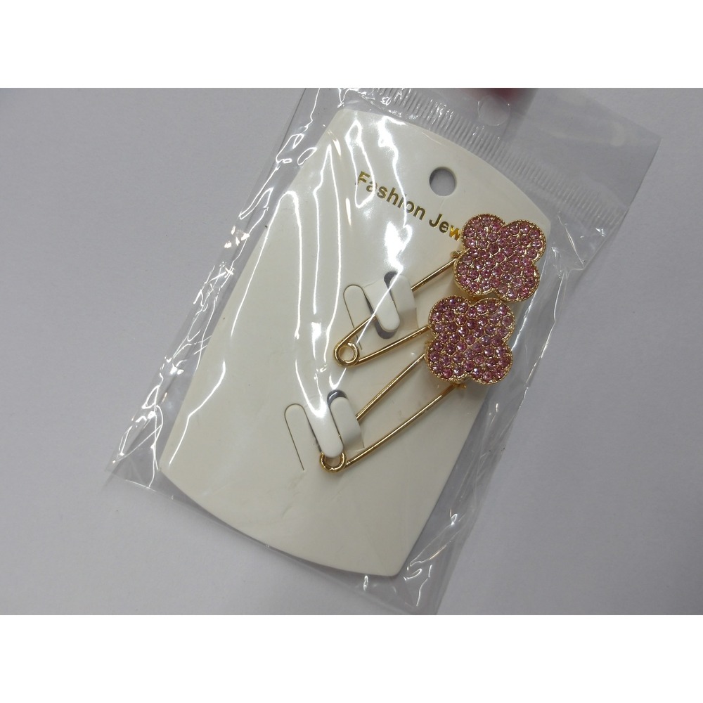 2pc Pink Rhinestone Clover Safety Pin Brooch Set / #26691‎